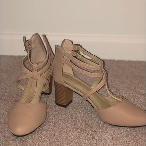 Tan chunky heels with zipper in the back